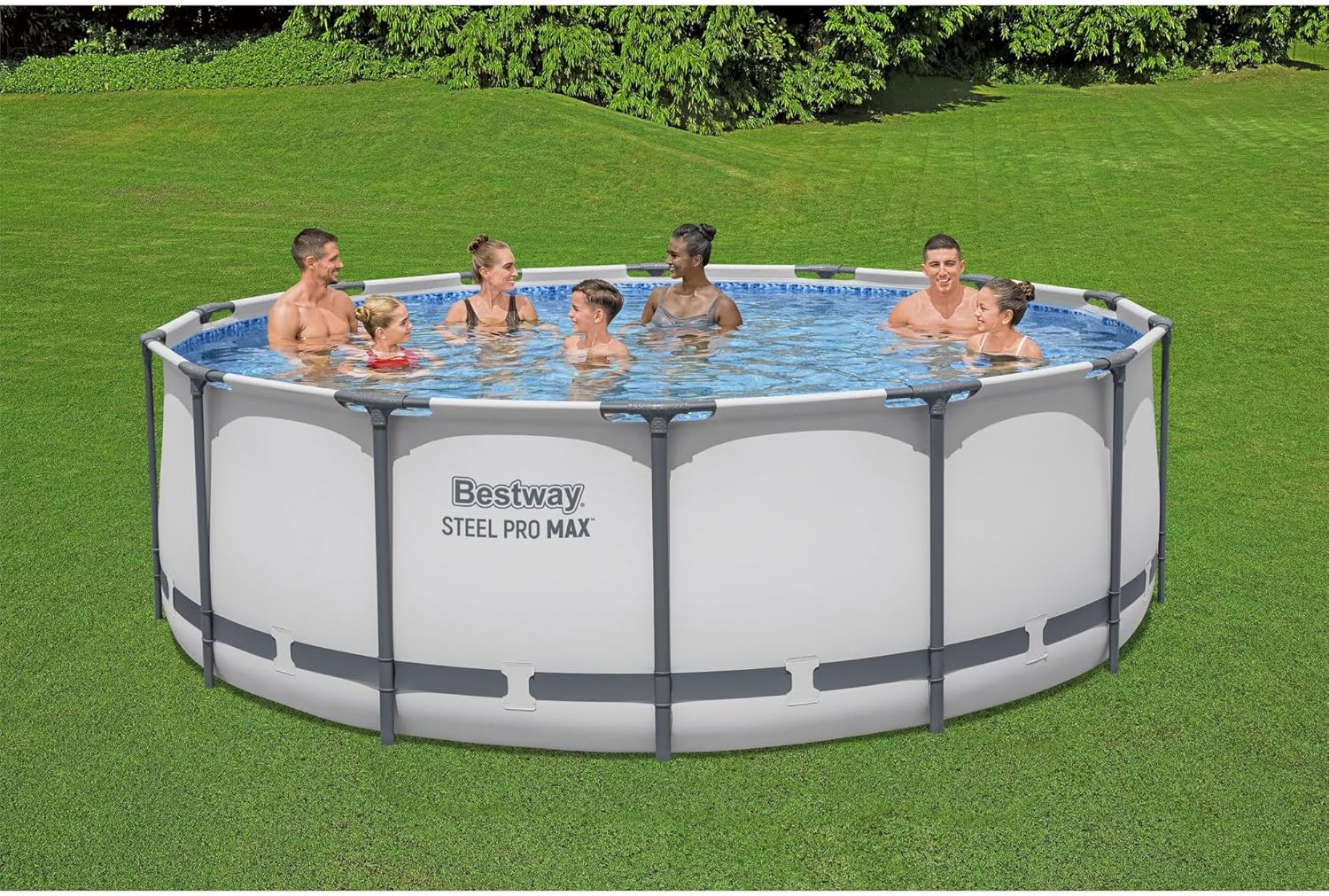 Steel Pro MAX 14 Foot x 48 Inch Round Metal Frame Above Ground Outdoor Swimming Pool Set with 1,000 Filter Pump, Ladder, and Cover, Gray